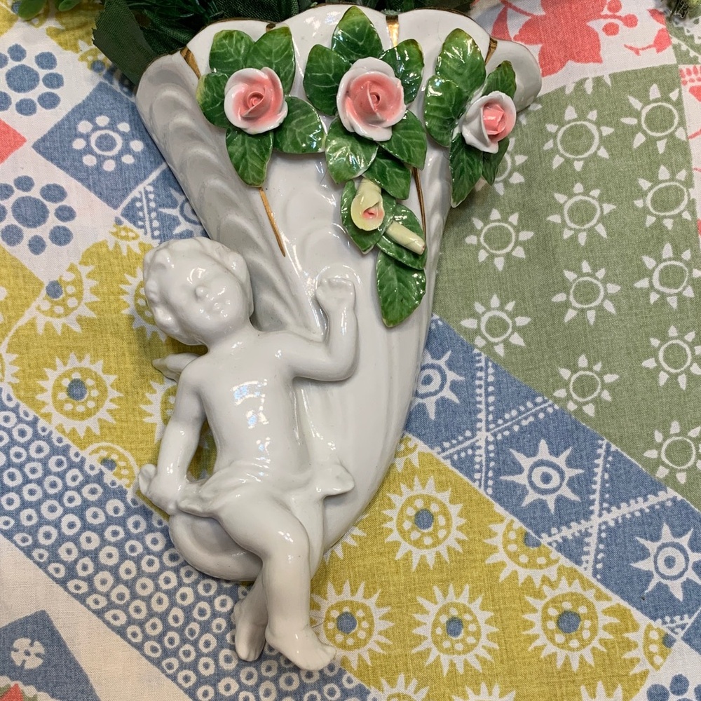 Vintage Dresden Porcelain Floral Cherub Wall Sconce Set - White and Pink - Picture 3 of 16